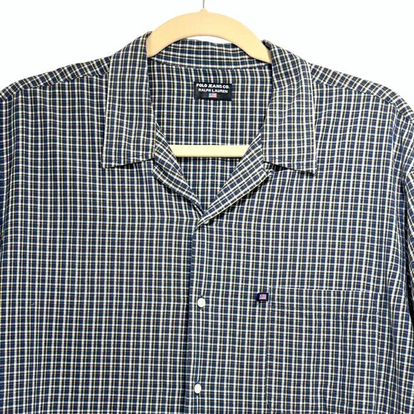 Polo Jeans Co Button Shirt Men XL READ Blue Plaid Ralph Lauren US Flag Vintage - Picture 1 of 10